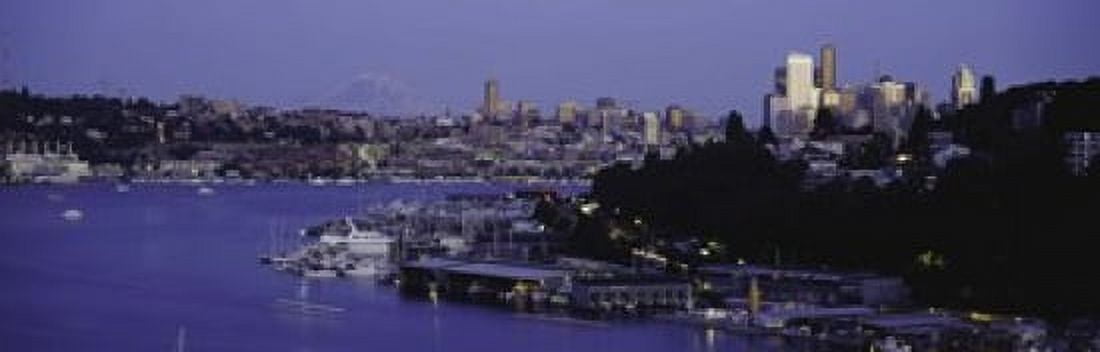 City skyline at the lakeside with Mt Rainier in the background Lake Union Seattle King County Washington State USA Canvas Art - Panoramic Images (18 x 6)