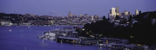 City skyline at the lakeside with Mt Rainier in the background Lake Union Seattle King County Washington State USA Canvas Art - Panoramic Images (36 x 12)