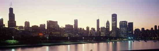 City skyline with Lake Michigan and Lake Shore Drive in foreground at dusk Chicago Illinois USA Canvas Art - Panoramic Images (36 x 12)