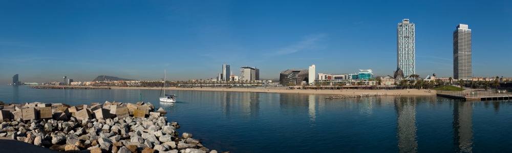 City view from Port Olimpic Barcelona Catalonia Spain Canvas Art - Panoramic Images (31 x 9)