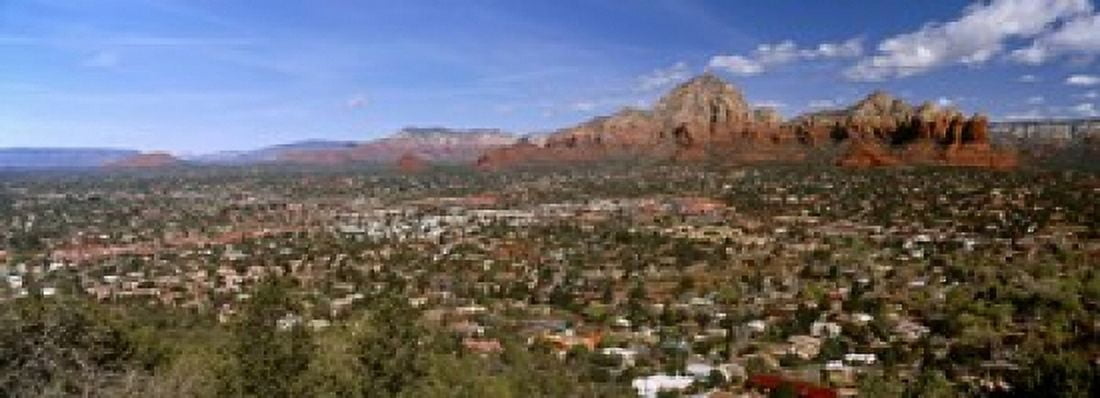 City with rock formations in the background Cathedral Rocks Sedona Coconino County Arizona USA Canvas Art - Panoramic Images (18 x 7)