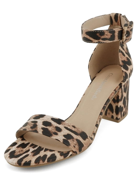 Shoes Women Low Chunky Block Heel Sandals Open Toe Ankle Strap CAKE-S Leopard Cheetah PU 8