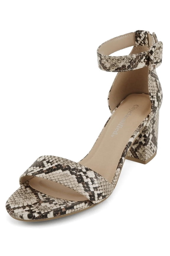 Shoes Women Low Chunky Block Heel Sandals Open Toe Ankle Strap CAKE-S Python Beige 9