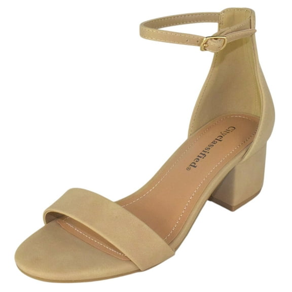 Cityclassified Shoes Women Low Chunky Block Heel Sandals Open Toe Ankle Strap WEEKEND-S Beige Camel Natural Nubuck Suede 6.5