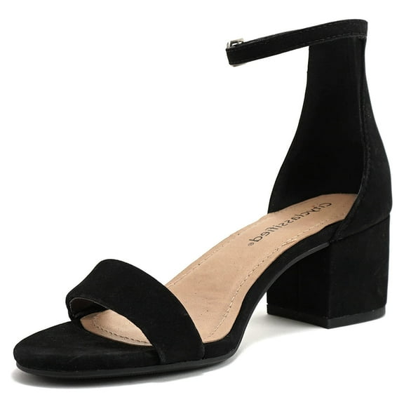 Cityclassified Shoes Women Low Chunky Block Heel Sandals Open Toe Ankle Strap WEEKEND-S Black Nubuck Suede 7