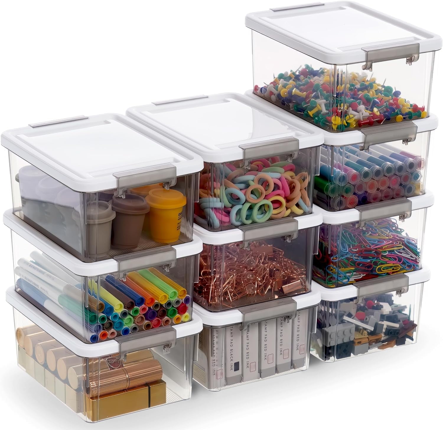 Citylife 1.3 QT 10 Packs Small Storage Bin with Lid Latch Stackable Storage Box Clear Grey