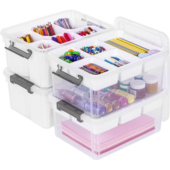 Citylife 17 QT Plastic Storage Box with Removable Tray and 6 Detachable Tall Inserts Craft Organizers and Storage Clear Storage Container for Organizing Crayon, Craft, Sewing, Playdoh, 4 Packs