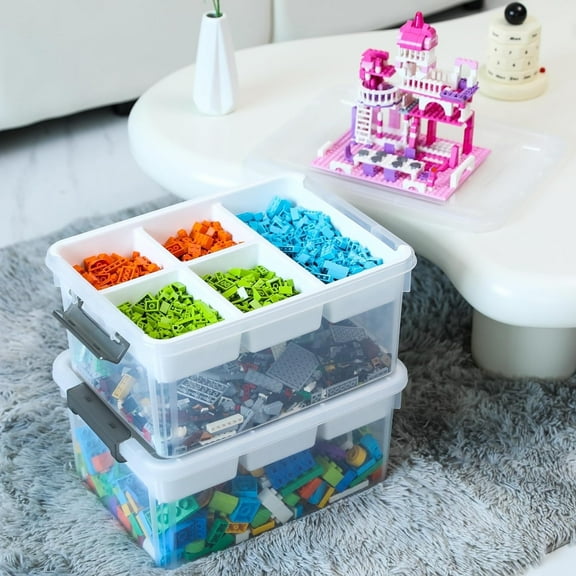 Kerhouze 17 Qt Storage Bins with Lids & 5 Grid Removable Tray 2 Pack Craft Toy organizer and storage bins for Kids Office