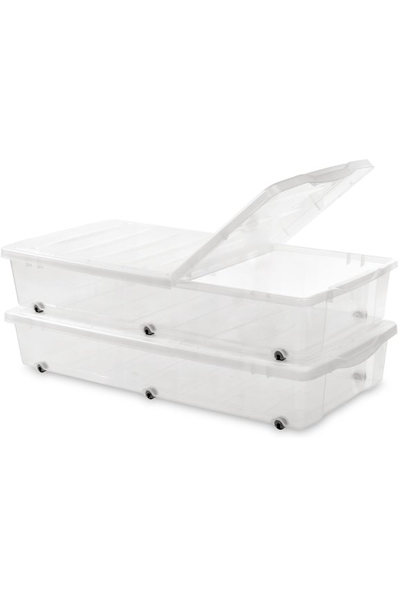 Citylife 2 Packs 57 QT Plastic Under Bed Storage Bins with Double-opening Lids Clear Underbed Storage Containers with Wheels for Organizing Shoes, Blankets, Clothes