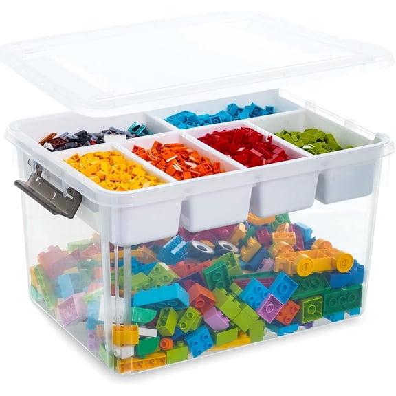 32 Qt. Clear Storage Bins with Lids & 6 Grid Removable Tray Stackable for Kid Toy Craft
