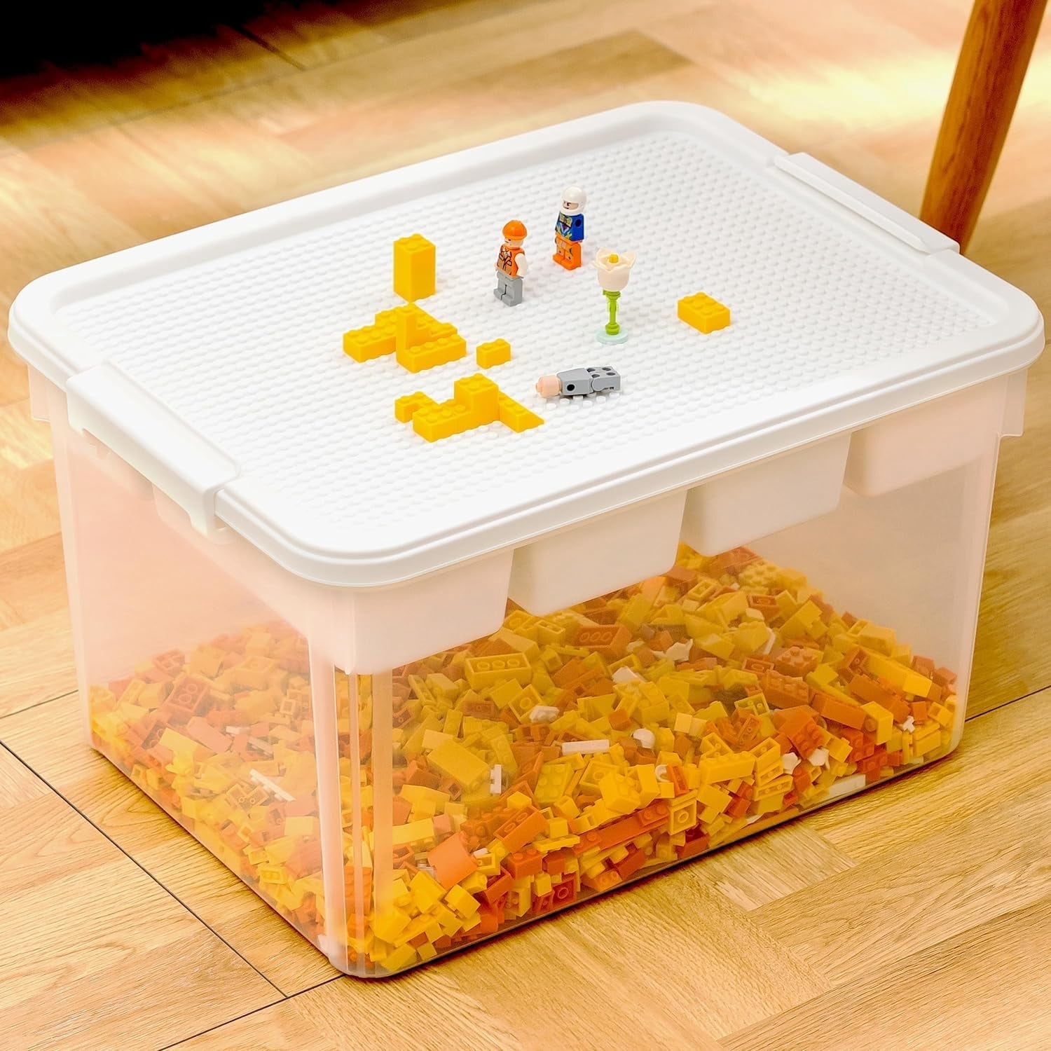 32 Qt Storage Bins with Building Baseplate Lid and Removable 6 Grids Tray Plastic Clear Storage Container for Building Brick Toy Bead Tool Sewing Craft 1 Packs White Lid