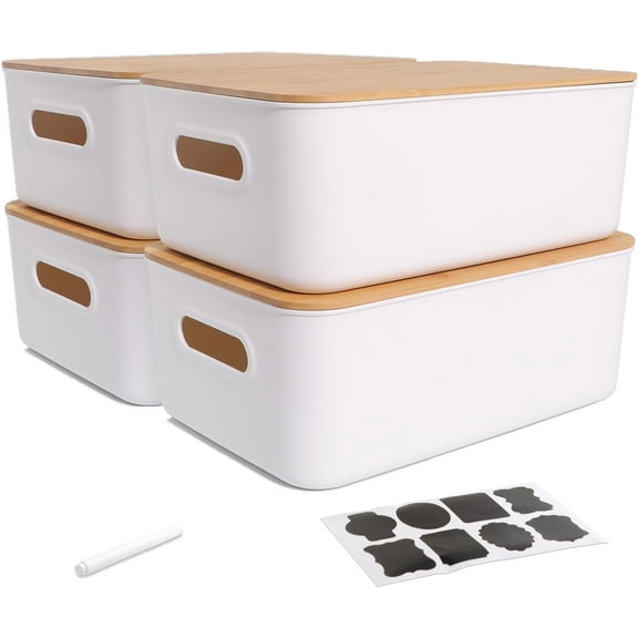 Citylife 4 PCS Storage Bins with Lids Plastic Storage Containers for Organizing Stackable Storage Box with Handle, 15.16 x 10.79 x 5.83 inch (White, 4 PCS-Large)