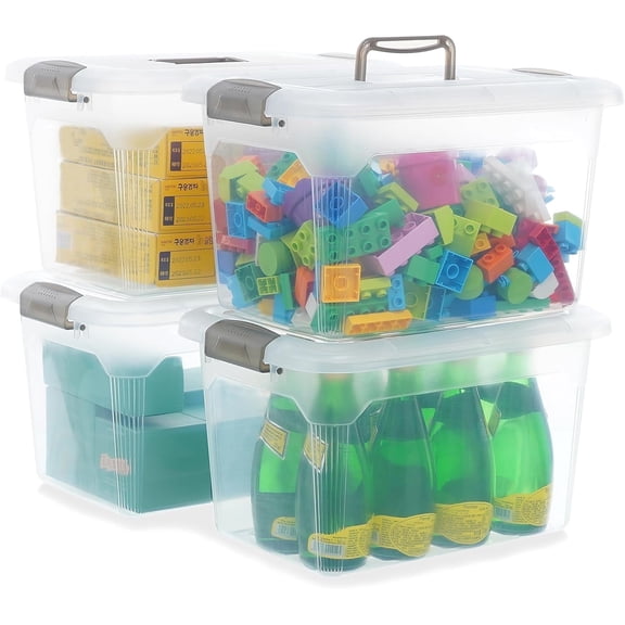Kerhouze Small Storage Bin with Lids & Handle 14 Qt 4 Packs Clear Stackable Toy Organizer Craft for Kids Adult
