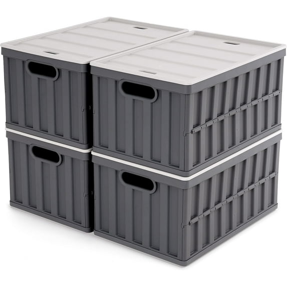 Citylife 64L Collapsible Storage Bins with Lids Plastic Storage Containers for Organizing Stackable Storage Box Large Heavy Duty Utility Crates, 4 Packs