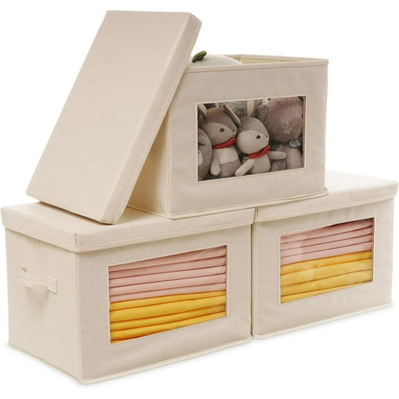 Citylife Collapsible Fabric Storage Bin With Handle Lid Large Foldable Box Basket For Closet 15"×9.8"×9.8" 3 Pack Beige