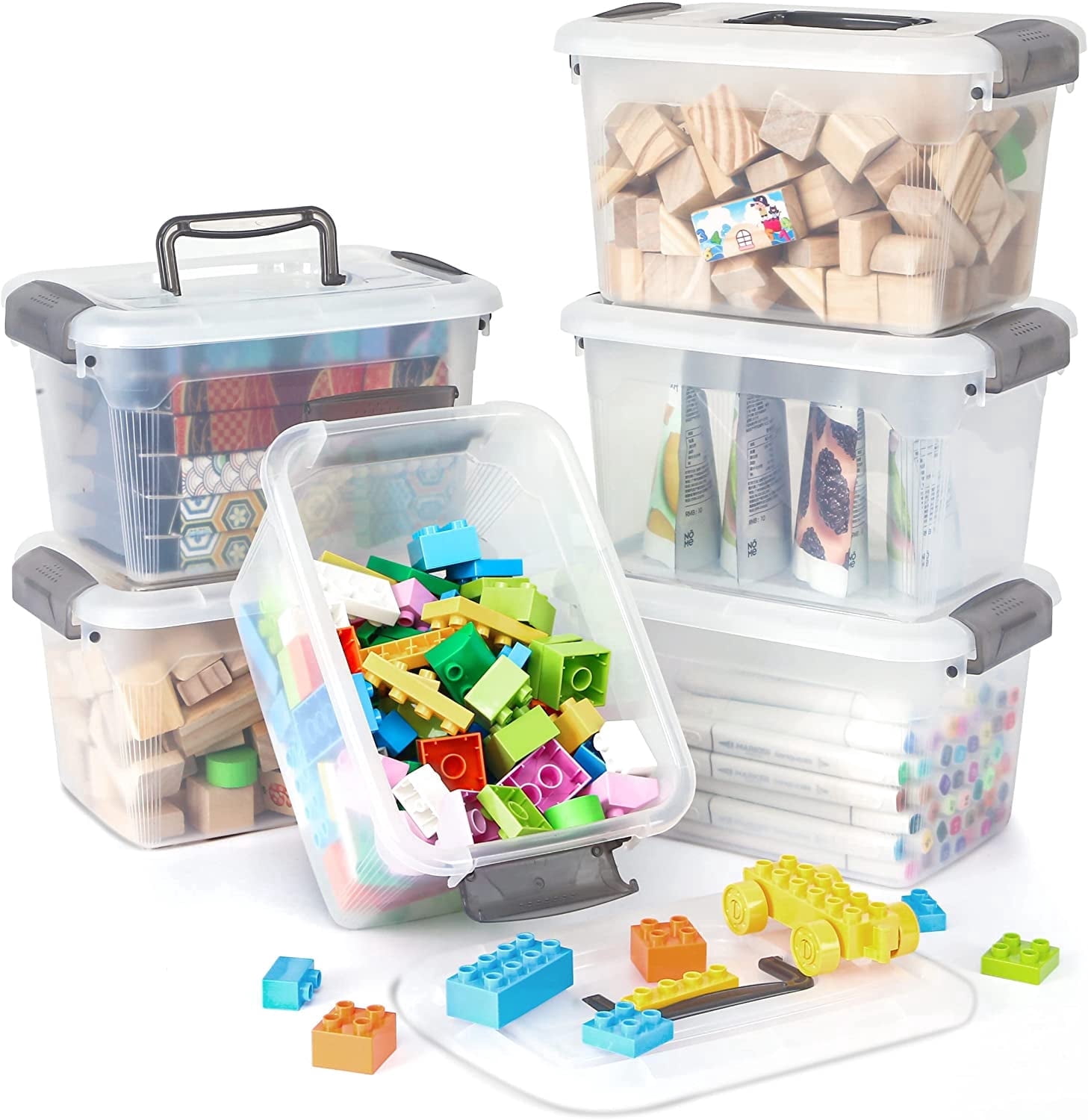 6 Qt Small Storage Bin with Lids Handle 6 Packs Clear Stackable Craft Toy Organizer for Kids