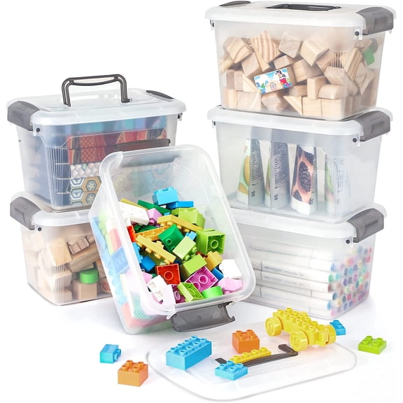 6 Qt Small Storage Bin with Lids Handle 6 Packs Clear Stackable Craft Toy Organizer for Kids