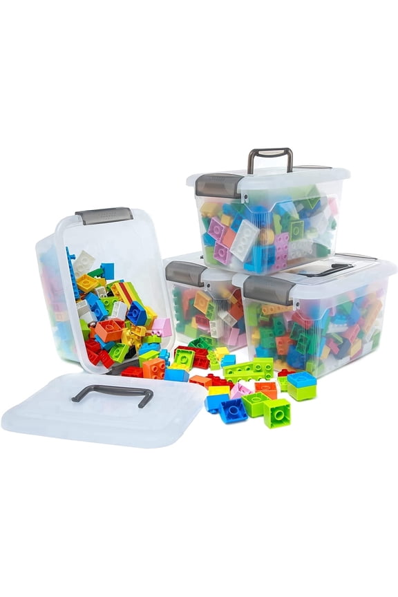 Small Storage Bins with Lids & Handle Latches 5.3 Qt. 4 Packs Clear Stackable Craft Toy Organizer for Kids