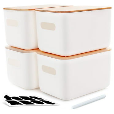 Kerhouze Stackable Storage Bin with Bamboo Lids 4 Packs White 10" x 7" x 6"