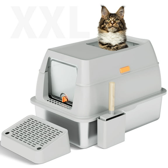 Kerhouze Stainless Steel Cat Litter Box, Extra Large Litter Box for Cats, Enclosed Metal Kitty Litter Box with Litter Scooper