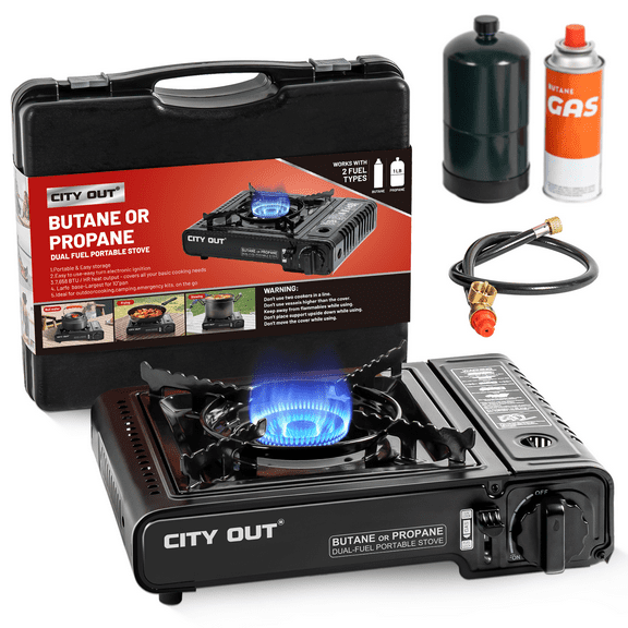 Cityout Dual Fuel Portable Camping Stove, Propane & Butane Gas Stove with Carrying Case for Emergencies, Outdoor BBQ