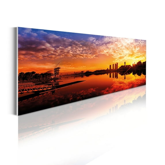 Cityscape Acrylic Glass Wall Art, Malaysian Sunset Scenery Putrajaya Reflections and Silhouettes, Panoramic Decor Living Room Bedroom & Dorms, 47" x 16", Burnt Orange and Ceil Blue, by Ambesonne