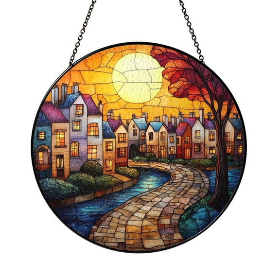Cityscape Acrylic Stained Glass Style Window Suncatcher, Urban Skyline Art Panel, Decorative Acrylic Window Hanging for Modern Home Decor and Contemporary Interior Accent
