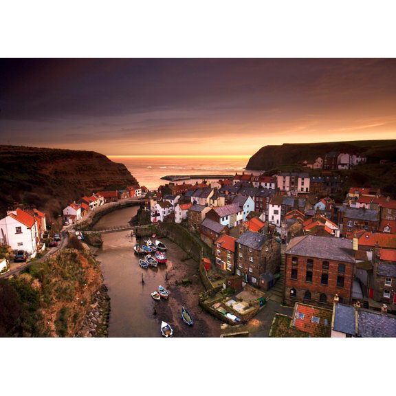 Cityscape At Sunset Staithes Yorkshire England Canvas Art - John Short Design Pics (17 x 12)