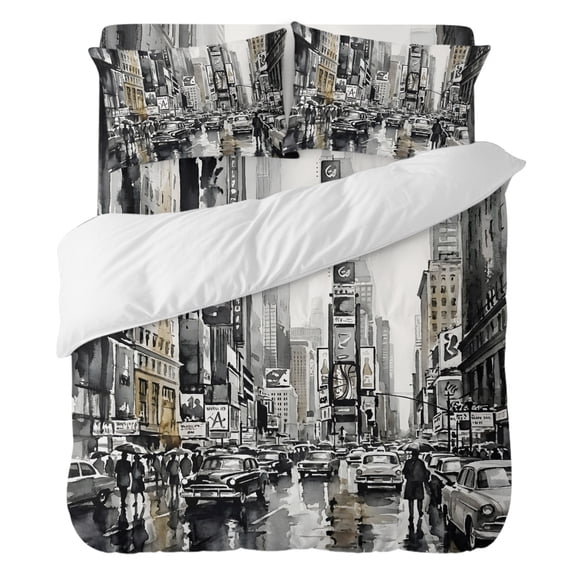 Cityscape Bedding Duvet Cover Set Full Size 4 Pieces, Retro Watercolor Black White Street Scene Bedding Set with Zipper Closure, 1 Comforter Cover 86x90 Inches 1 Flat Sheet & 2 Pillow Cases