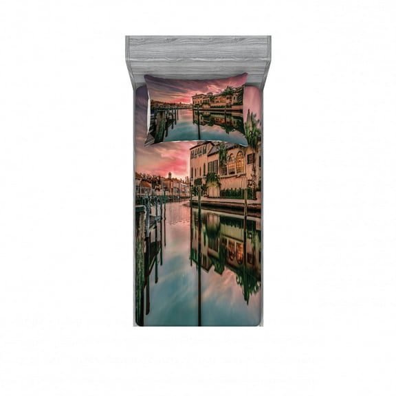 Cityscape Bedding Set with Sheet & Covers, Colorful Sunrise over Venetian Bay Naples Florida Apartments Trees Waterscape, Printed Bedroom Decor 2 Shams, 4 Sizes, Purple Green, by Ambesonne