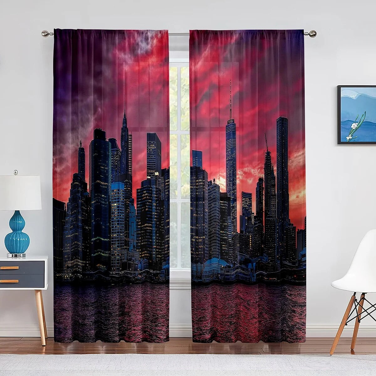 Cityscape Business Buildings Skylines Tulle Curtains for Living Room ...