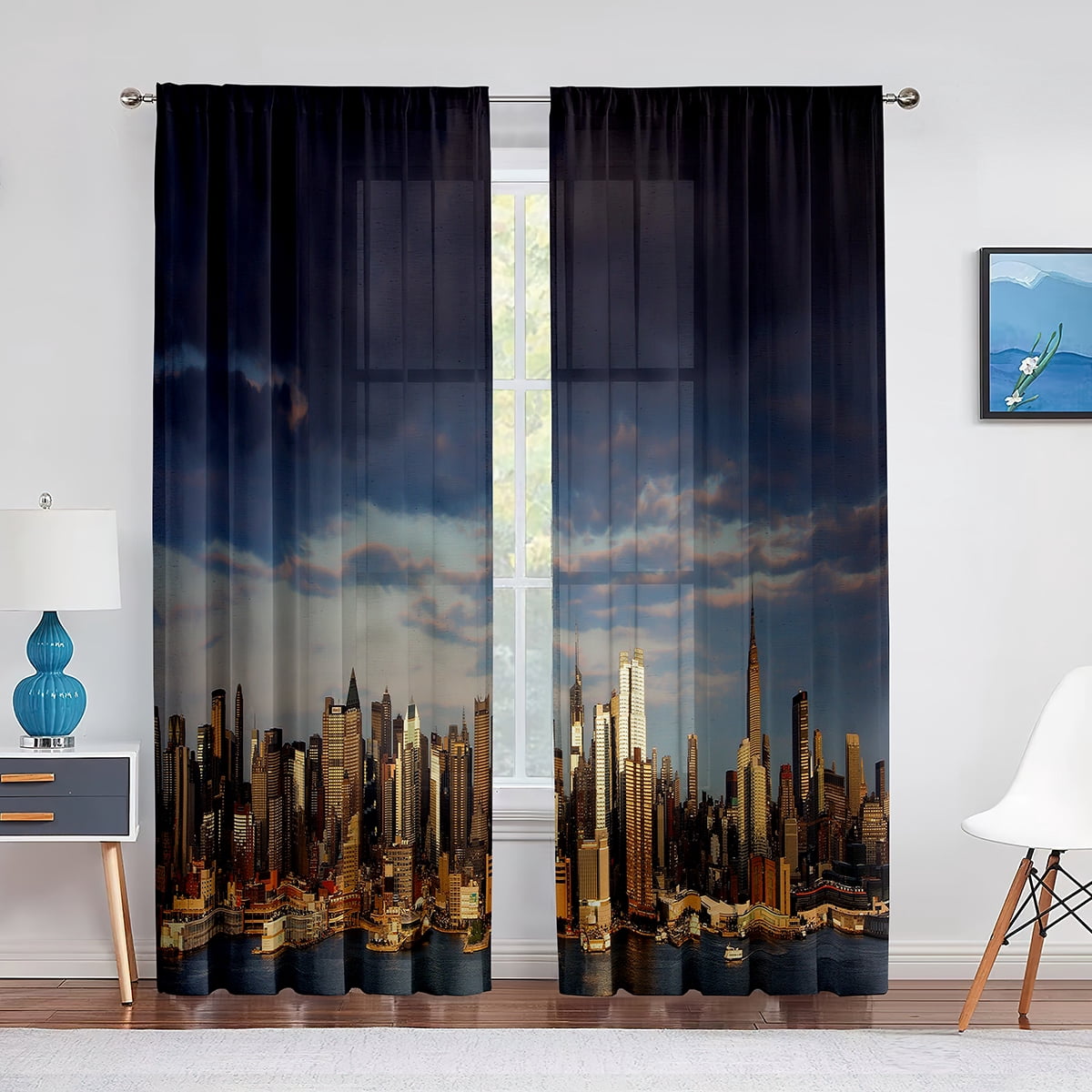Transparent Rations Cityscape Business Buildings Skylines Tulle Curtains for Living Room ...