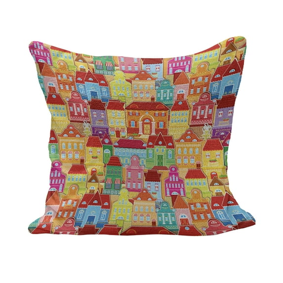 Cityscape Cartoons Fluffy Throw Pillow Cushion Cover, European Architecture Art Houses with Pillars Fountains Urban View, Decorative Square Accent Pillow Case, 16" x 16", Multicolor, by Ambesonne