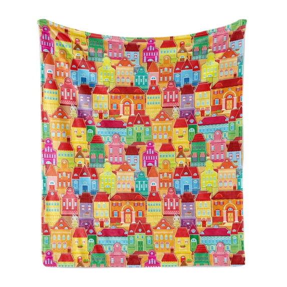 Cityscape Cartoons Soft Flannel Fleece Throw Blanket, European Architecture Art Houses with Pillars Fountains Urban View, Cozy Plush for Indoor and Outdoor Use, 50" x 70", Multicolor, by Ambesonne