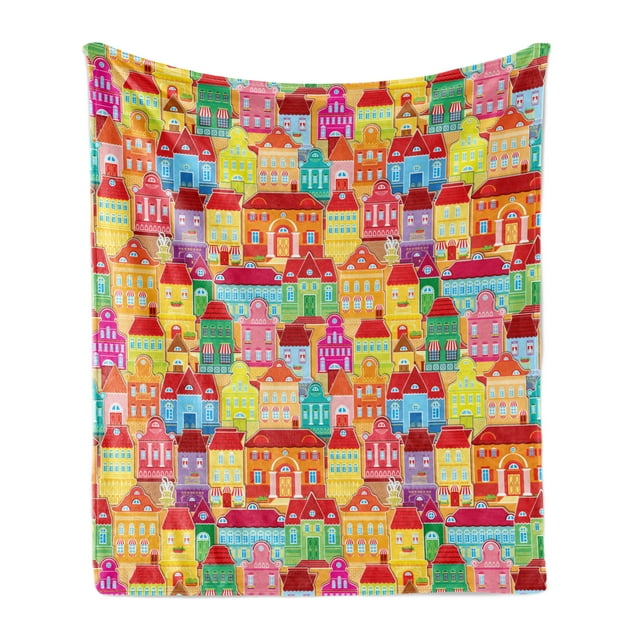 Cityscape Cartoons Soft Flannel Fleece Throw Blanket, European Architecture Art Houses with Pillars Fountains Urban View, Cozy Plush for Indoor and Outdoor Use, 60" x 80", Multicolor, by Ambesonne