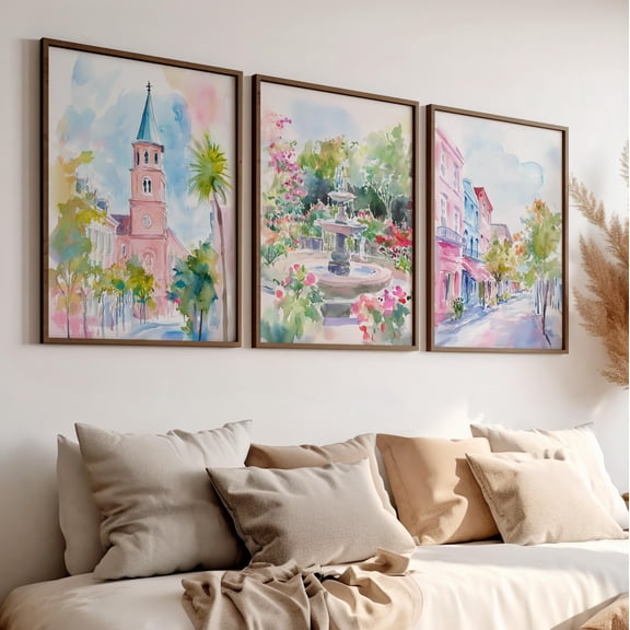 Cityscape Charleston SC Art Poster or Art Print Rainbow Row Pineapple Fountain Church Steeple Love Shack Fancy Wall Prints Set 3