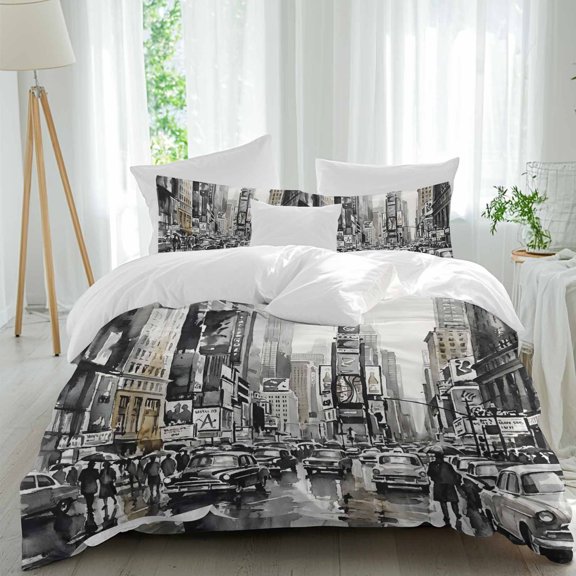 Cityscape Comforter Set California King Size, Retro Watercolor Black White Street Scene Soft Bedding Set for Man Woman, 4 Pieces Duvet Cover Set with Fitted Sheet, 2 Pillowcases