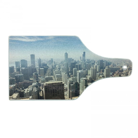 Cityscape Cutting Board, Aerial View of Chicago USA Tall Buildings Contemporary Architecture Skyscrapers, Tempered Glass Cutting and Serving Board, Wine Bottle Shape, Multicolor, by Ambesonne