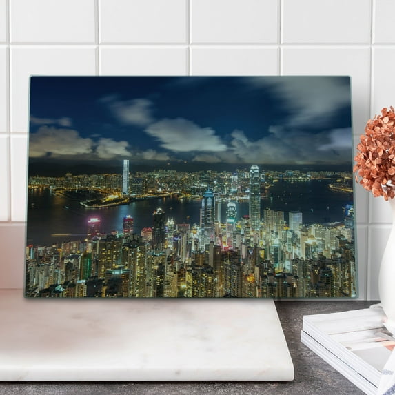 Cityscape Cutting Board, Night View Hong Kong Victoria Harbor Business Financial District Cityscape Print, Decorative Tempered Glass Cutting and Serving Board, Large Size, Navy White, by Ambesonne