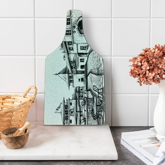 Cityscape Cutting Board, Old Peaceful City Drawing Restaurant Terrace Sketch Downtown Lifestyle Scene, Tempered Glass Cutting and Serving Board, Wine Bottle Shape, Black White, by Ambesonne