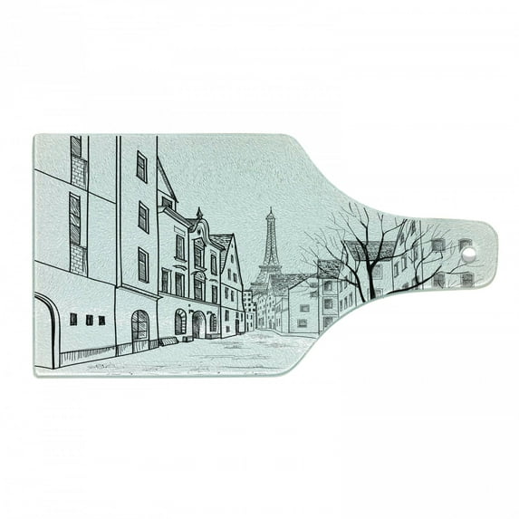 Cityscape Cutting Board, Paris Street with Houses Buildings and Tree on Alleyway Eiffel Tower Background, Tempered Glass Cutting and Serving Board, Wine Bottle Shape, Black White, by Ambesonne