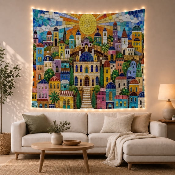 Cityscape Depicted Mosaic with Tile Effect Numerous Buildings, Mystical Fantasy for Space Lovers, Galaxy Room Decor, Graduation Gift, Tapestry Wall Hanging for Bedroom and Dorm