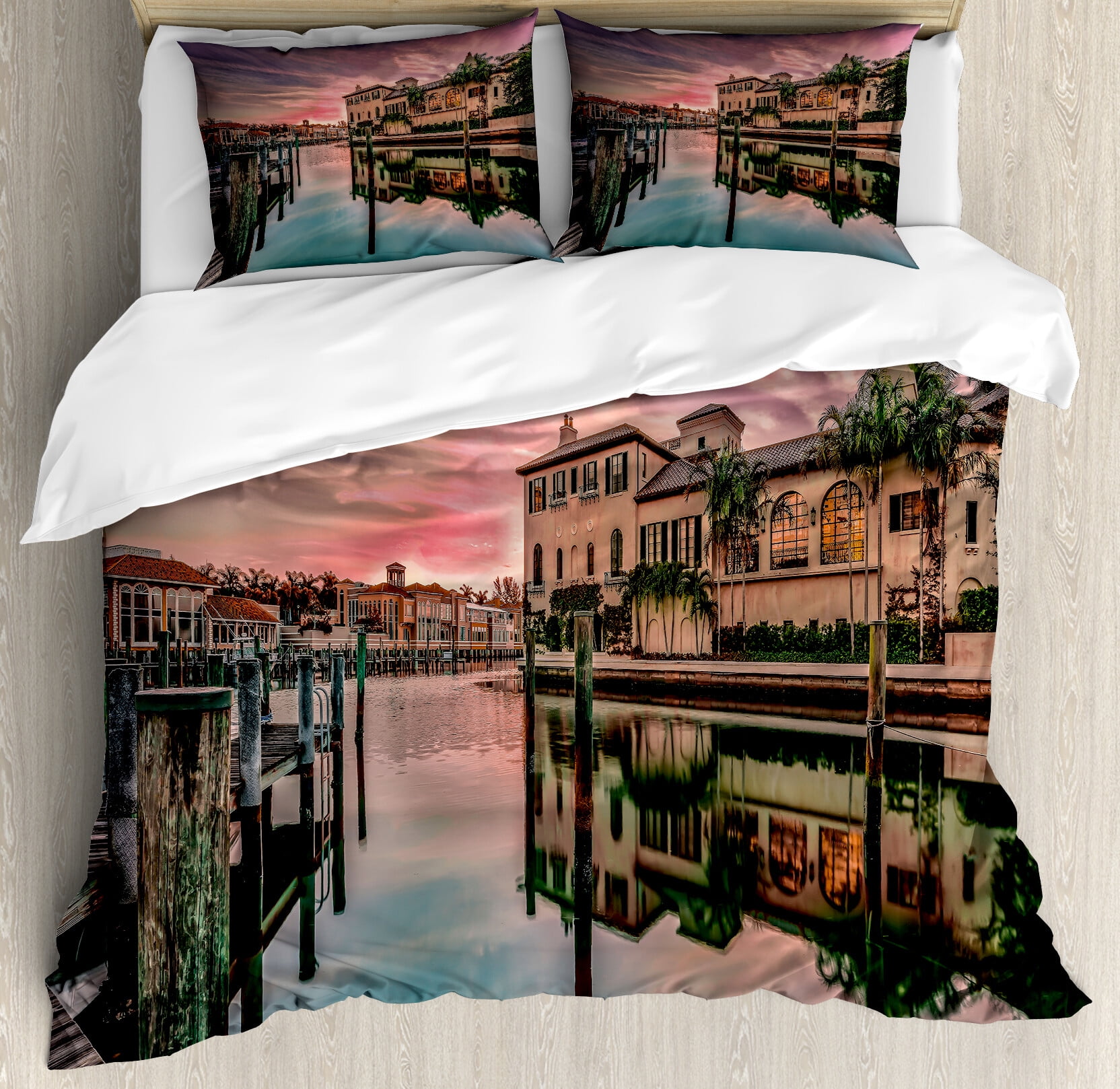 Cityscape Duvet Cover Set, Colorful Sunrise over Bay Naples