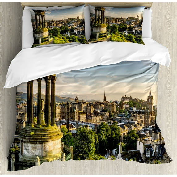 Cityscape Duvet Cover Set, Edinburgh Town Aerial View of Historical Buildings Heritage Panorama Art, Decorative 3 Piece Bedding Set with 2 Pillow Shams, Calking Size, Fern Green Blue Tan, by Ambesonne