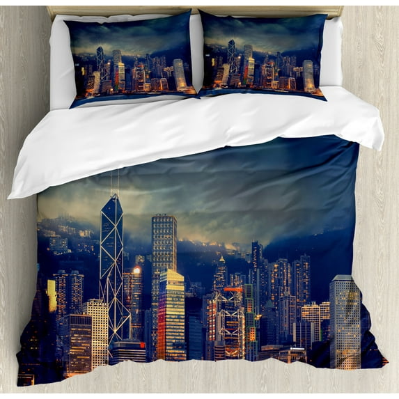 Cityscape Duvet Cover Set King Size, Hong Kong Cityscape Stormy Weather Dark Cloudy Sky Waterfront Port Dramatic View, Decorative 3 Piece Bedding Set with 2 Pillow Shams, Multicolor, by Ambesonne