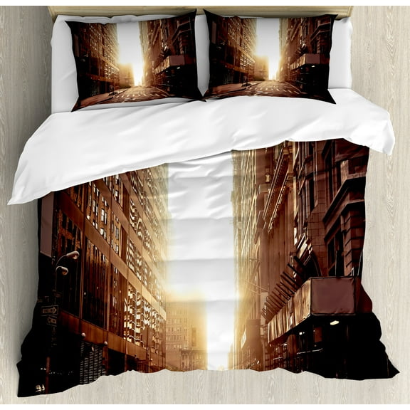 Cityscape Duvet Cover Set, New York Street with High Skyscrapers at Early Morning Sunrise Manhattan View, Decorative 3 Piece Bedding Set with 2 Pillow Shams, Queen Size, Umber Cream, by Ambesonne