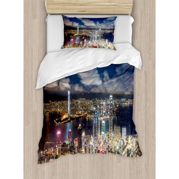 Cityscape Duvet Cover Set, Night View Hong Kong Victoria Harbor Business Financial District Cityscape Print, Decorative 2 Piece Bedding Set with 1 Pillow Shams, Twin Size, Navy White, by Ambesonne