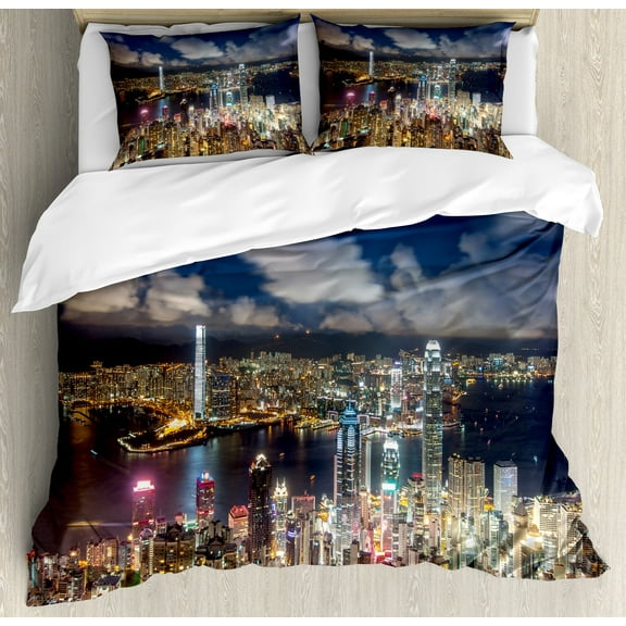 Cityscape Duvet Cover Set, Night View Hong Kong Victoria Harbor Business Financial District Cityscape Print, Decorative 3 Piece Bedding Set with 2 Pillow Shams, King Size, Navy White, by Ambesonne