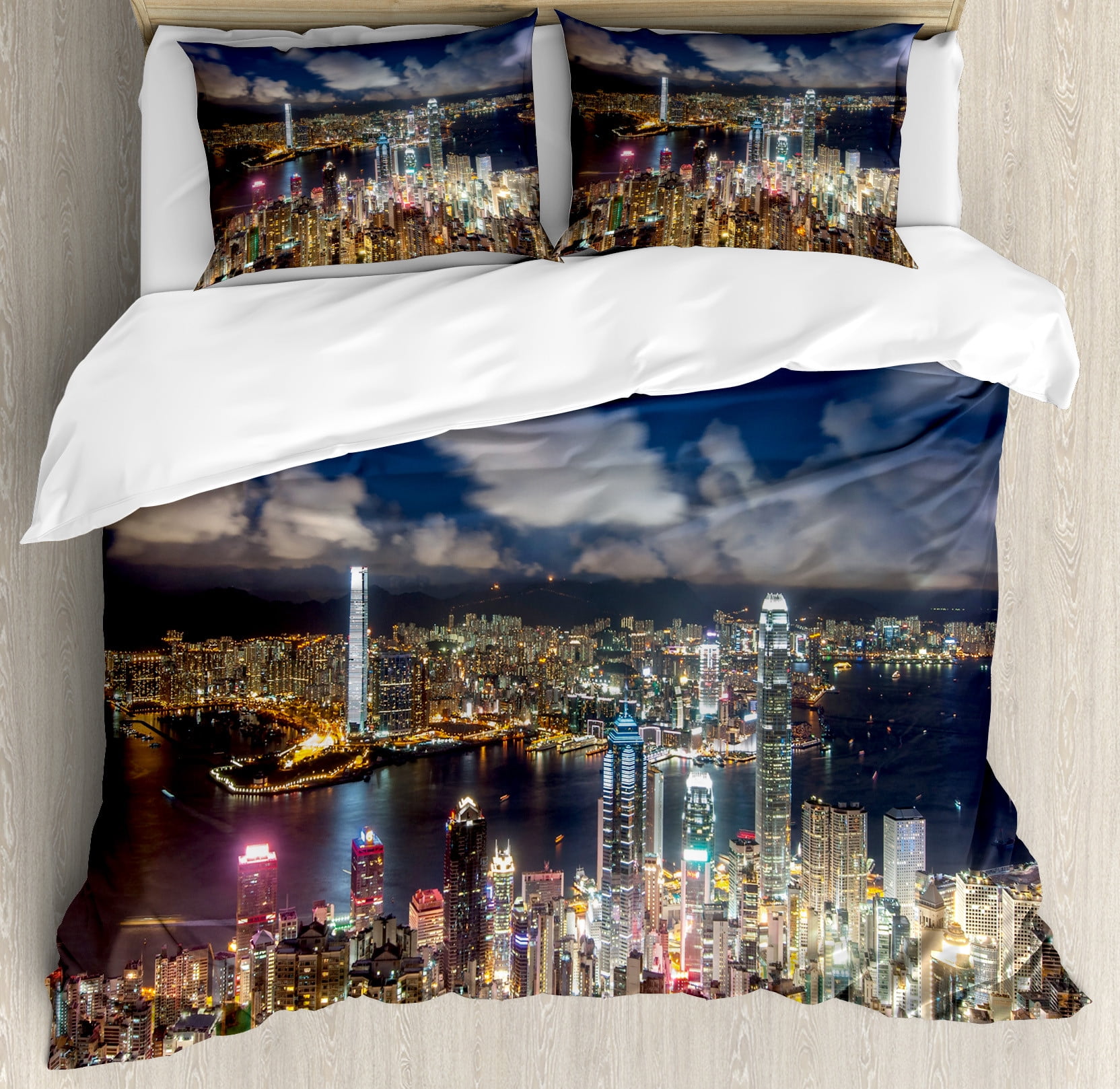Cityscape Duvet Cover Set, Night View Hong Kong Victoria Harbor
