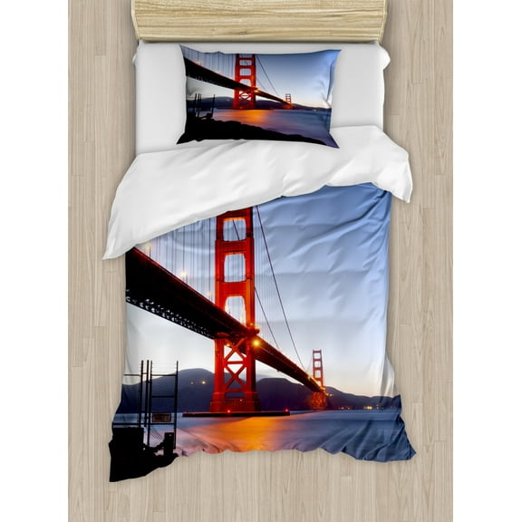Cityscape Duvet Cover Set Twin Size, San Francisco Bridge USA City View Golden Gate Traveling Destination, Decorative 2 Piece Bedding Set with 1 Pillow Sham, Orange Violet Blue, by Ambesonne